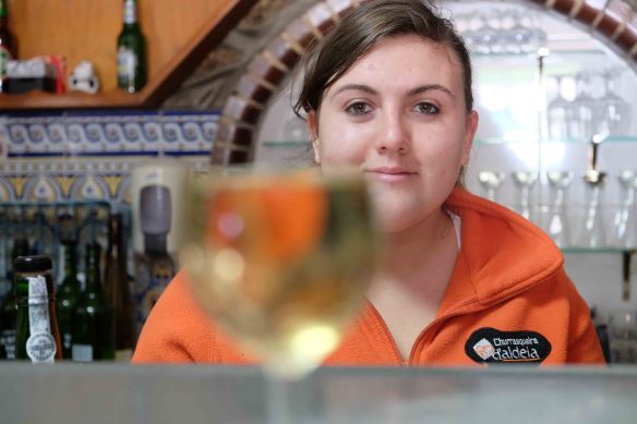 Caterina with glass half empty