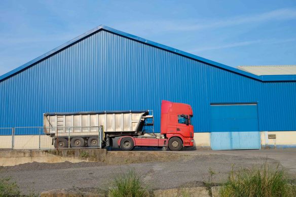 red truck blue building